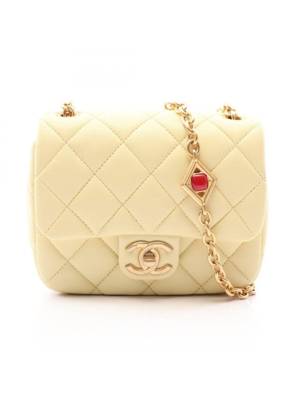 Chanel Shoulder Bag Mini Quilted Pastel Yellow Lambskin Heart Chain